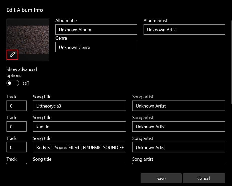 clicca sull'icona a forma di matita nell'immagine per cambiarla |  Come aggiungere la copertina dell'album a MP3 in Windows 10