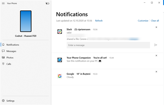 Vérification des notifications dans l'application Windows 10 Votre téléphone