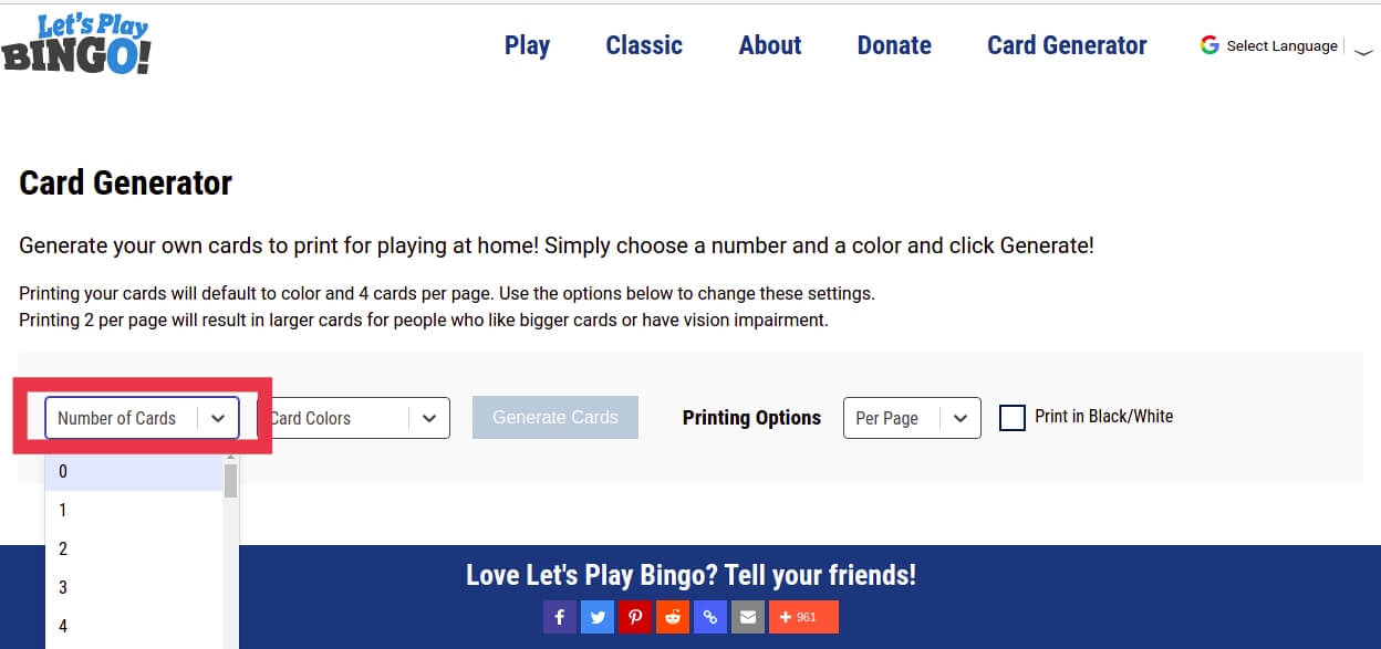 Вам нужно заполнить «Количество карт», которые вы хотите сгенерировать, и «Цвет» этих карт |  Как играть в бинго на Zoom