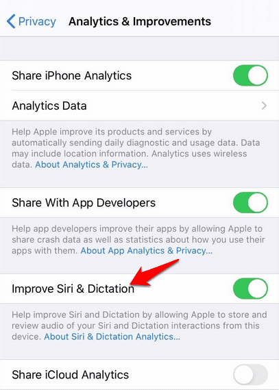 ปรับปรุงการสลับ Siri & Dictation ใน Analytics & ปรับปรุง