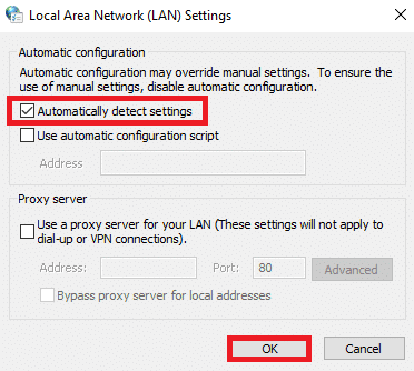 Aquí, marque la casilla Detectar automáticamente la configuración y asegúrese de que Usar un servidor proxy para su LAN no esté marcada