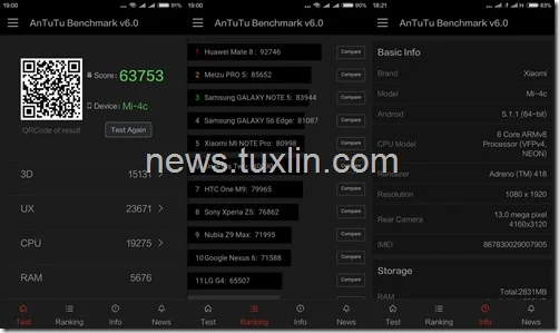 Benchmark Xiaomi Mi 4c 32GB AnTuTu v6