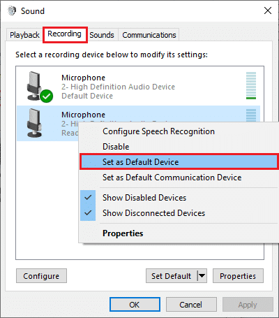 impostato come dispositivo predefinito.  Risolto il problema con l'audio dello zoom non funzionante in Windows 10