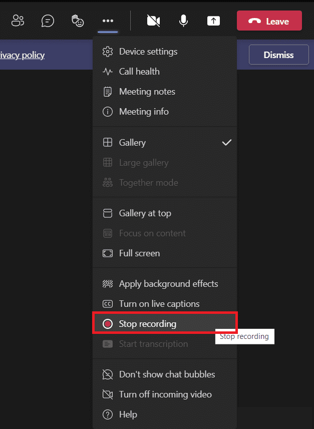 haga clic en los tres puntos y seleccione Detener grabación para detener la grabación de la reunión.  ¿Dónde se almacenan las grabaciones de Microsoft Teams?  ¿Cómo acceder, descargar y compartir videos grabados?