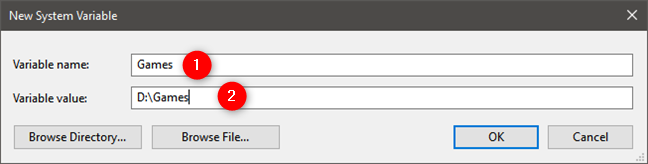 การป้อนชื่อและค่าของ New System Variable