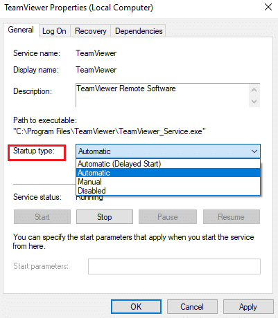 Als de servicestatus Actief is, stop deze dan een tijdje en start hem opnieuw.  Fix Teamviewer maakt geen verbinding in Windows 10