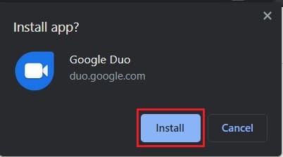 Seleccione instalar para descargar Google duo como aplicación