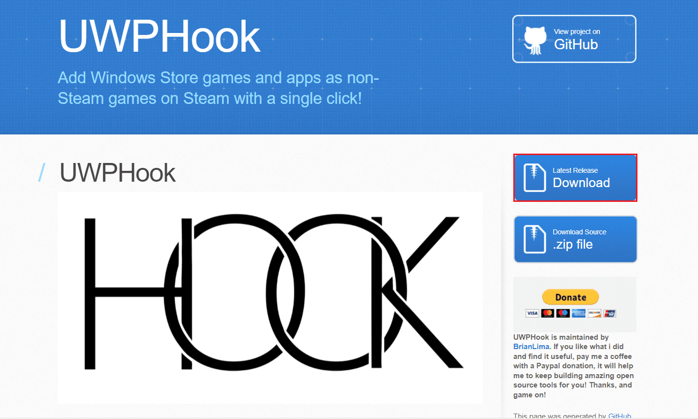 ไปที่หน้าดาวน์โหลด UWPHook และคลิกที่ดาวน์โหลด  วิธีเพิ่มเกม Microsoft ลงใน Steam โดยใช้ UWPHook