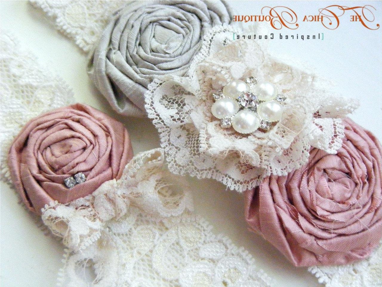 Wedding Garter SET- Vintage Romance Bridal Garter Set- Grey, Pink, Ivory