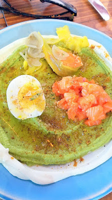 Lincoln Restaurant, Happy Hour item of Asparagus Hummus with labneh, egg and here salmon and accompanied with fresh buttery flatbread from Lincoln Restaurant, Portland flatbread