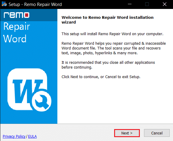 klik op Volgende in Remo Repair Tool setup.  Fix Word-bestandstoestemmingsfout in Windows 10