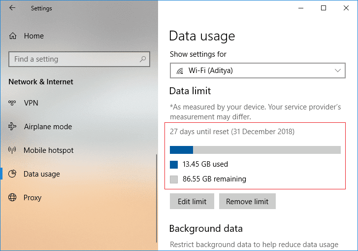 Una vez que haga clic en Guardar, le dará detalles sobre la cantidad de datos que se han consumido hasta ahora.