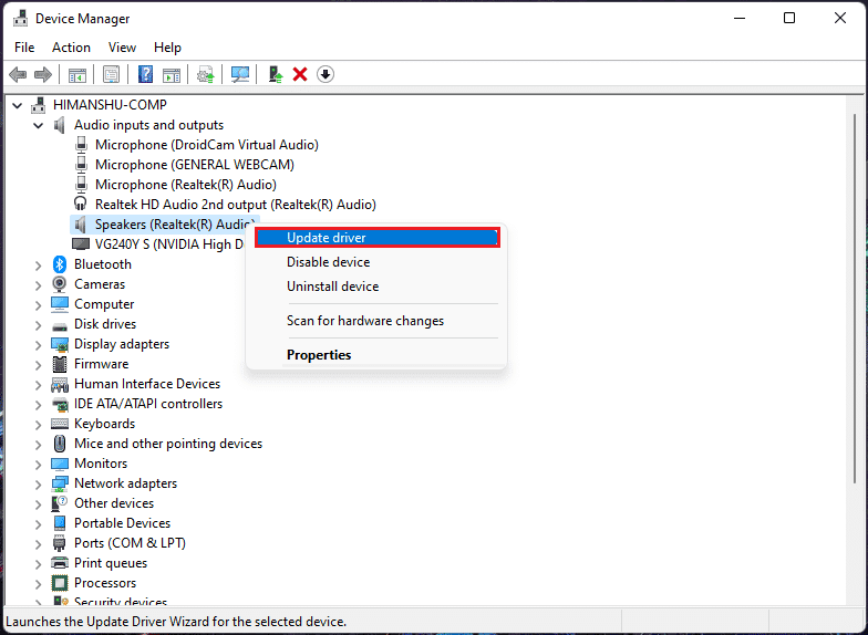 klik met de rechtermuisknop op Realtek-audiostuurprogramma en selecteer Stuurprogramma bijwerken in Windows 11