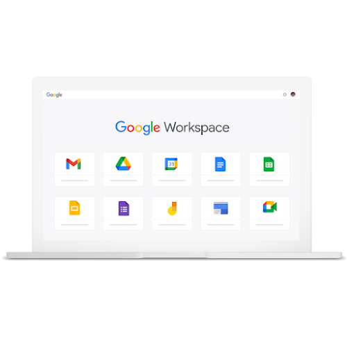 Prijenosno računalo s različitim Googleovim proizvodima koji su dio Google Workspace