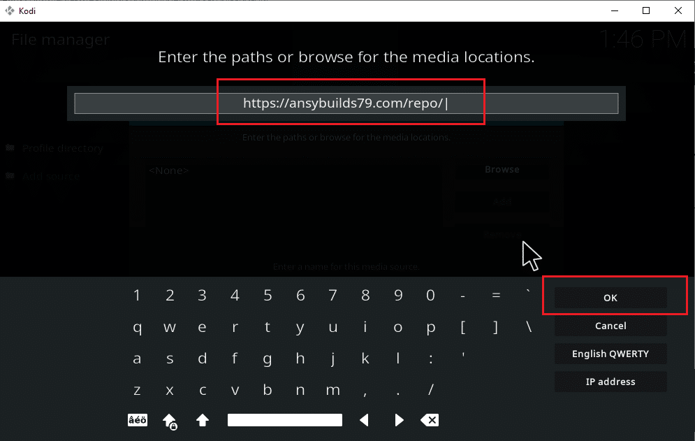 Escriba la URL de la fuente de medios.  Cómo descargar música a Kodi