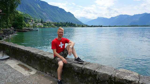 enjoying at view at Chillon Castle in Switzerland in Veytaux, Switzerland 