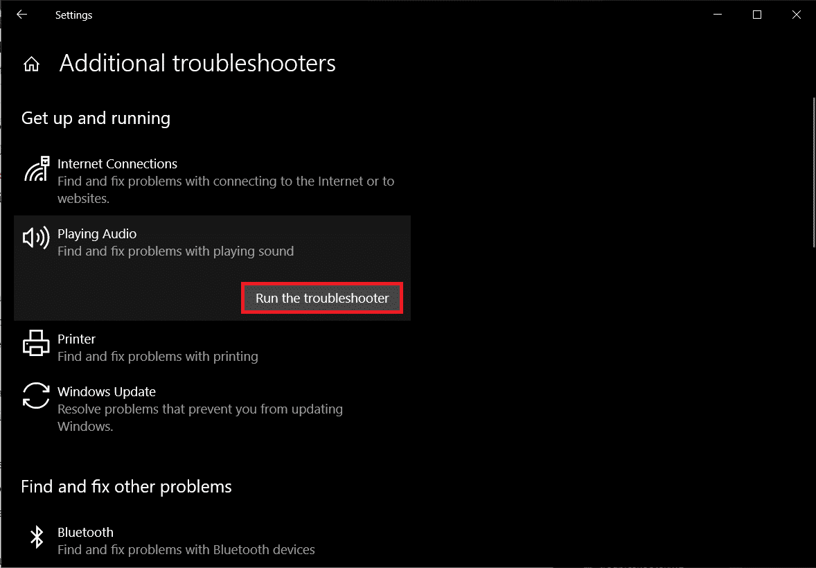 haga clic en Reproducir audio para ver las opciones disponibles y luego haga clic en Ejecutar el solucionador de problemas