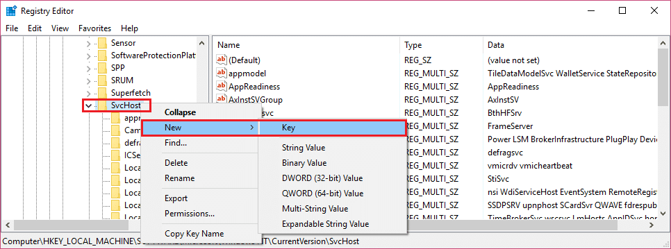 SvcHostで右クリックし、[新規]を選択して、[キー]をクリックします