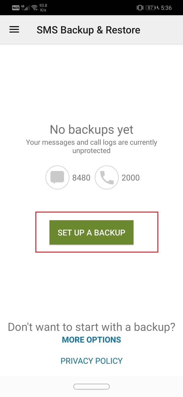 Tik op de optie "Een back-up instellen" |  maak een back-up en herstel sms-berichten op Android