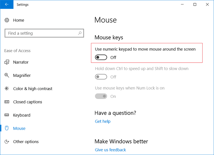 Wyłącz przełącznik Użyj klawiatury numerycznej do poruszania myszą po ekranie