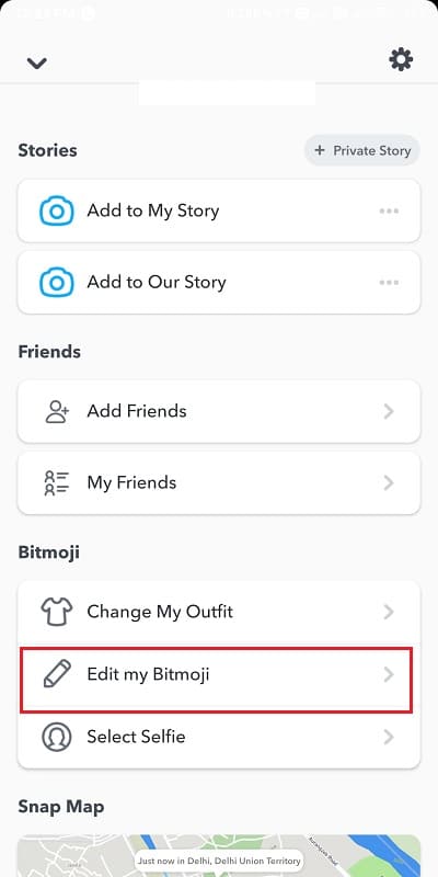 아래로 스크롤하여 '내 bitmoji 편집'을 탭하십시오 |  Snapchat에서 Bitmoji 셀카를 변경하는 방법