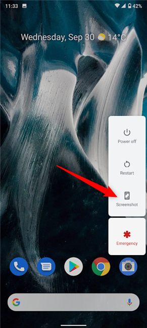 Нажмите Снимок экрана в меню кнопки питания.
