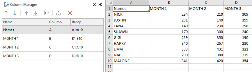 En el administrador de columnas, verá la lista de todas sus columnas.  |  intercambiar columnas o filas en Excel