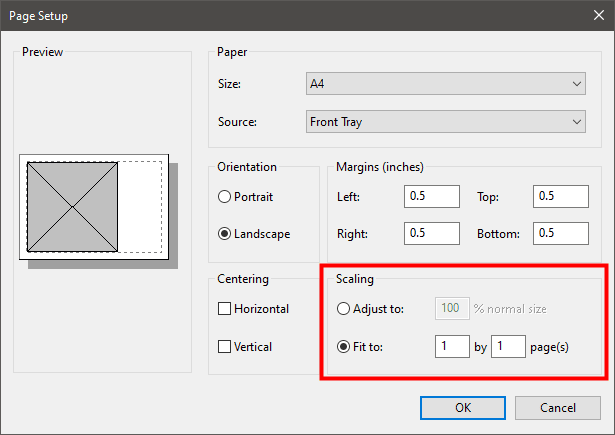 Paintのページ設定のスケーリングセクション