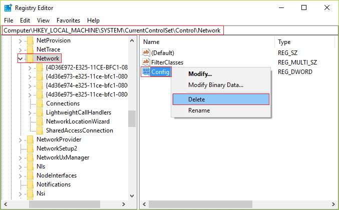 Seleziona Rete nel riquadro della finestra di sinistra, quindi dalla finestra di destra trova Config ed elimina questa chiave.