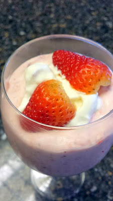 April Fool's Recipe with no Trick: Strawberry Fool Recipe is blended strawberries with the cut strawberries and the fresh whipped vanilla cream (Grand Marnier optional)