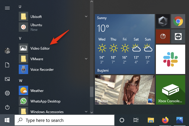 Il collegamento dell'editor video dal menu Start di Windows 10