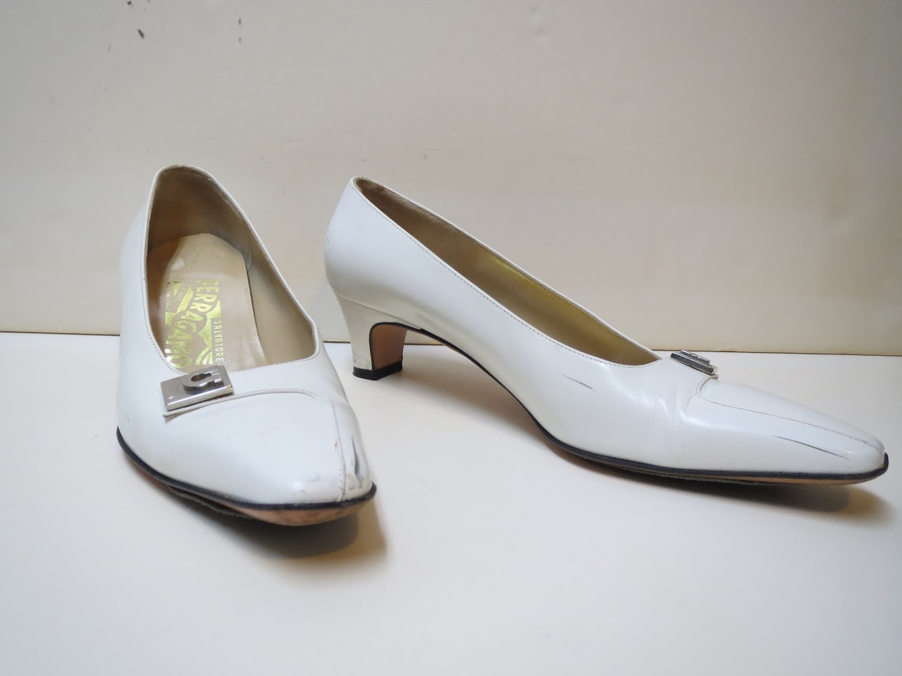 Salvatore Ferragamo White Kitten Heels