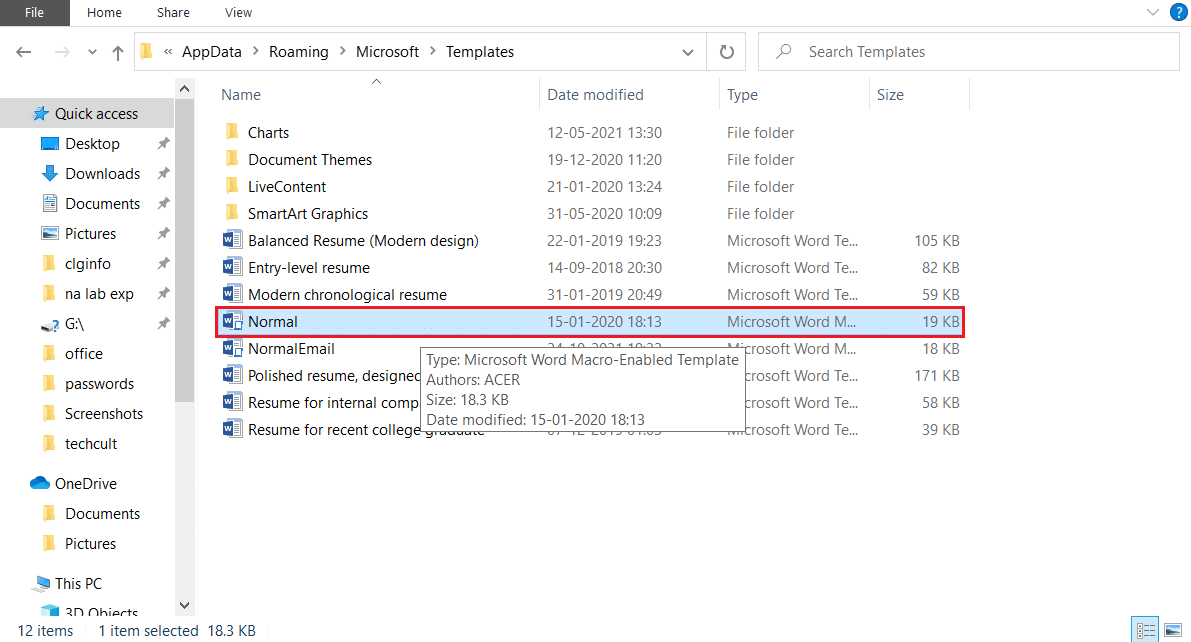 supprimez le dossier normal dans le dossier des modèles Microsoft appdata.  Correction d'une erreur d'autorisation de fichier Word dans Windows 10