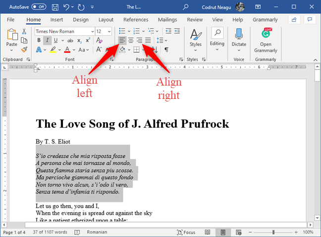 Tlačítka Zarovnat doleva a Zarovnat doprava z aplikace Microsoft Word