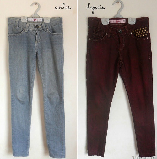 Customização de calça jeans com corante e tachas
