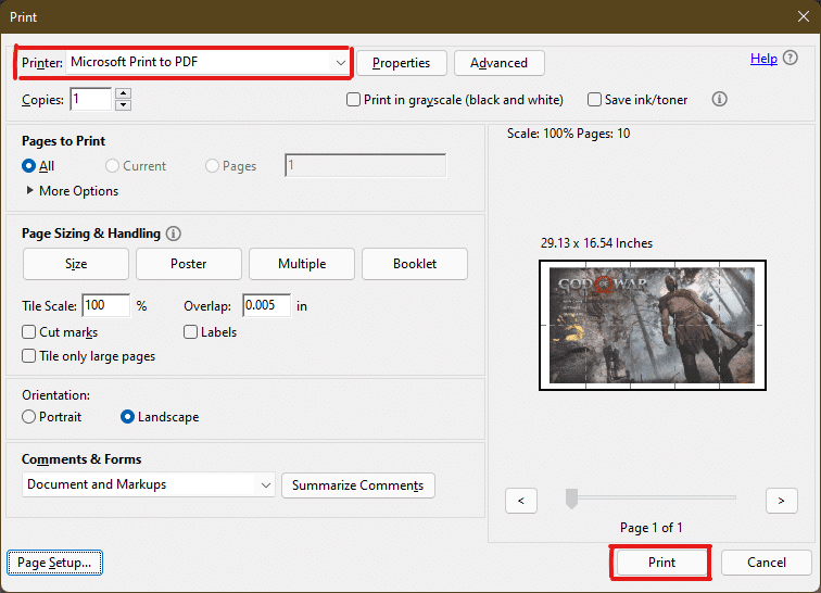 Cliquez sur l'option Imprimer pour lancer l'impression après avoir sélectionné l'imprimante connectée au système en cliquant sur le menu déroulant à côté de l'option Imprimante.  comment imprimer de grandes images sur plusieurs pages Windows 11