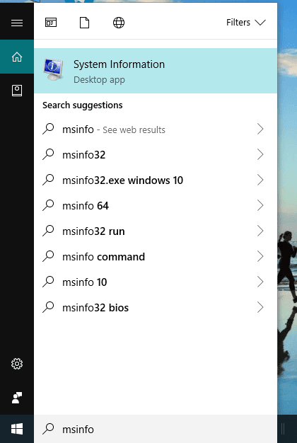 Tapez msinfo dans la barre de recherche et appuyez sur Entrée