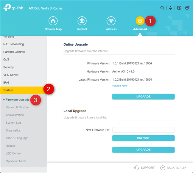 Vaya a Avanzado > Sistema > Actualización de firmware