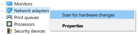 Klik met de rechtermuisknop op Netwerkadapters en selecteer Scannen op hardwarewijzigingen