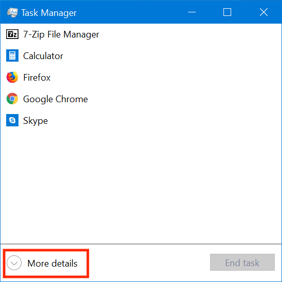 Apri la versione completa di Task Manager facendo clic su Maggiori dettagli