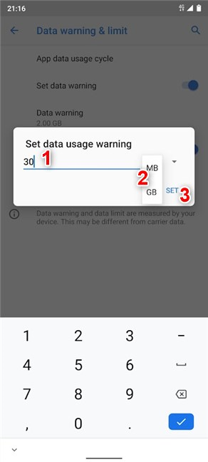 Imposta la quantità di dati da utilizzare prima di ricevere un avviso