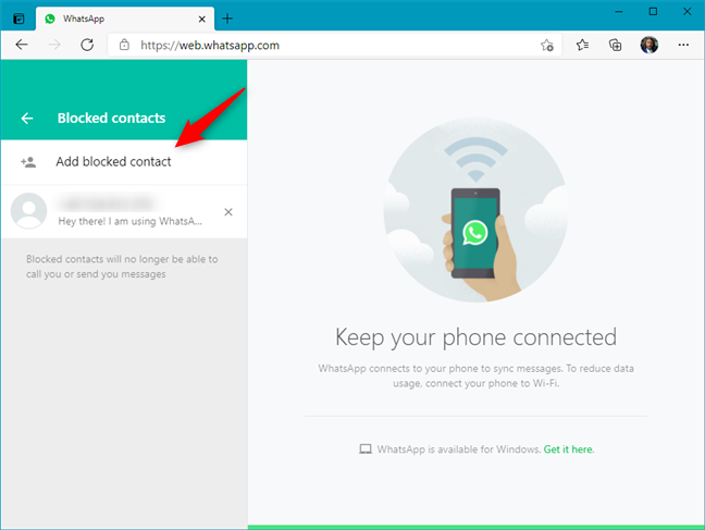 Aggiungi contatto bloccato in WhatsApp Web