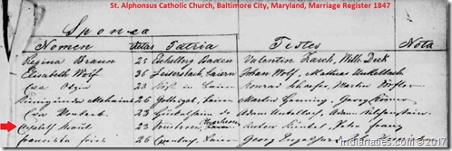 Kihn, Kraut,  Marriage, 20 June 1847,  St. Aphonsus Catholic Church, Baltimore, MD., page 2