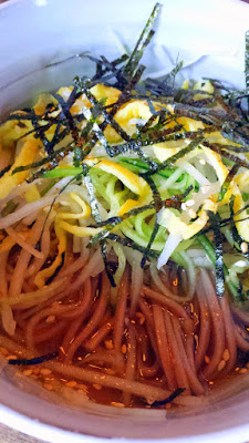 Bibim Gooksu, a cold buckwheat soba noodles with kholrabi, cucumbers and nori with chicken clam and pineapple dashi at Stray Birds, a pop up by Stray Dogs PDX in May 2015