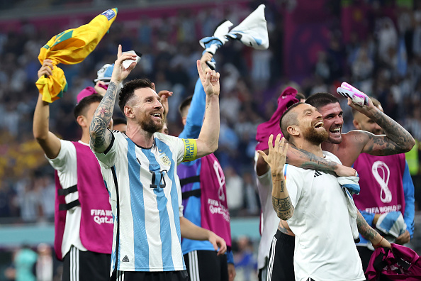 Argentina captain Lionel Messi leads the celebrations after their 2-1 win over Australia in the FIFA Qatar World Cup, last 16 match at Ahmad Bin Ali Stadium on December 03, 2022 in Doha, Qatar.