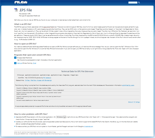 La página de detalles de una extensión de archivo, en el sitio web de FILExt