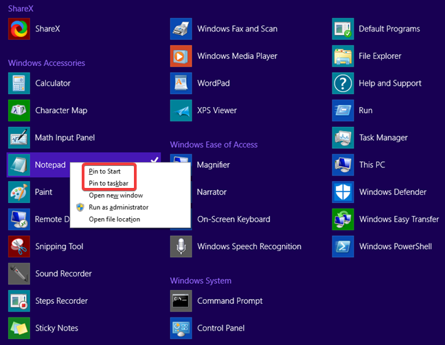 ปักหมุดที่เริ่มและปักหมุดที่แถบงานสำหรับ Notepad ใน Windows 8.1