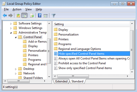 Sélectionnez Panneau de configuration puis dans la fenêtre de droite, double-cliquez sur Masquer les éléments du panneau de configuration spécifiés