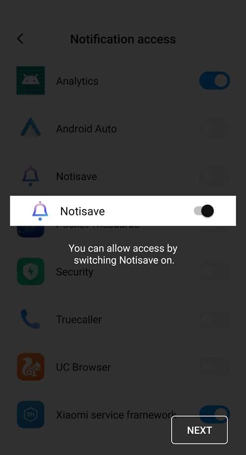 Aparecerá un mensaje que le indica que puede permitir el acceso activando Notisave