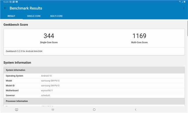 Samsung Galaxy Tab S6 Lite: risultati del benchmark Geekbench